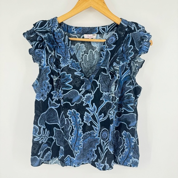 Parker Tops - Parker Anthropologie Blue Floral Ruffled Flutter Sleeve V-Neck Tank Top